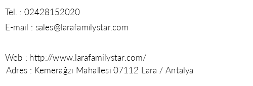 ron Ambassador Lara Family Star telefon numaralar, faks, e-mail, posta adresi ve iletiim bilgileri